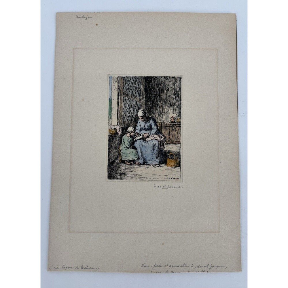 Antique Marcel Jacque Hand Colored Etching La Leçon de Lecture After J.F. Millet